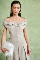 Gray off-shoulder pleated midi dress by White Plan, featuring flowy fabric and elegant design, shown on a model.