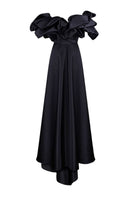 Black Monetre corset gown with meringue flounces, elegant floor-length dress featuring ruffled details and fitted bodice.