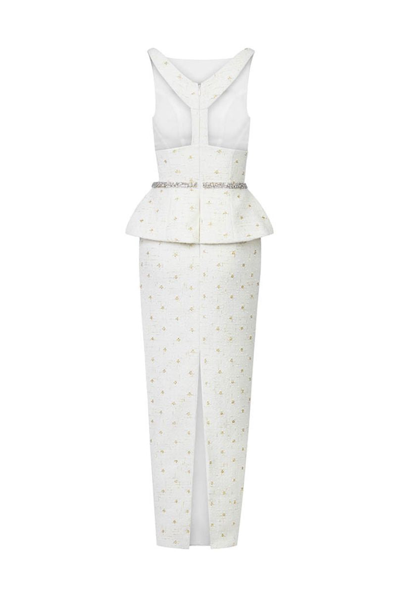 HACCHIC COUTURE white Tweet co-ord set featuring a stylish top and matching skirt, perfect for casual or chic occasions.