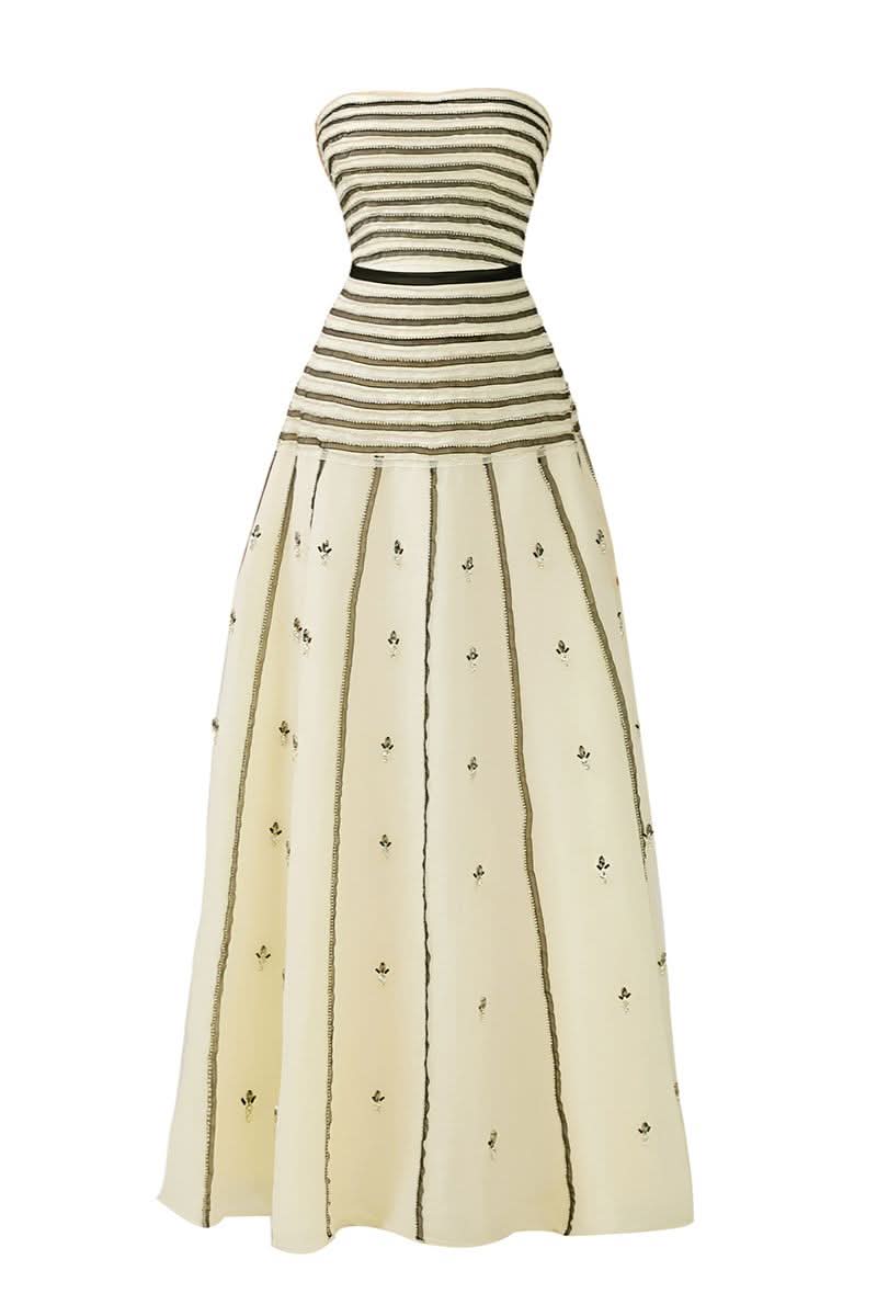 Strapless black and beige A-line gown by Happy Clothing, featuring elegant design and flowing fabric for formal occasions.