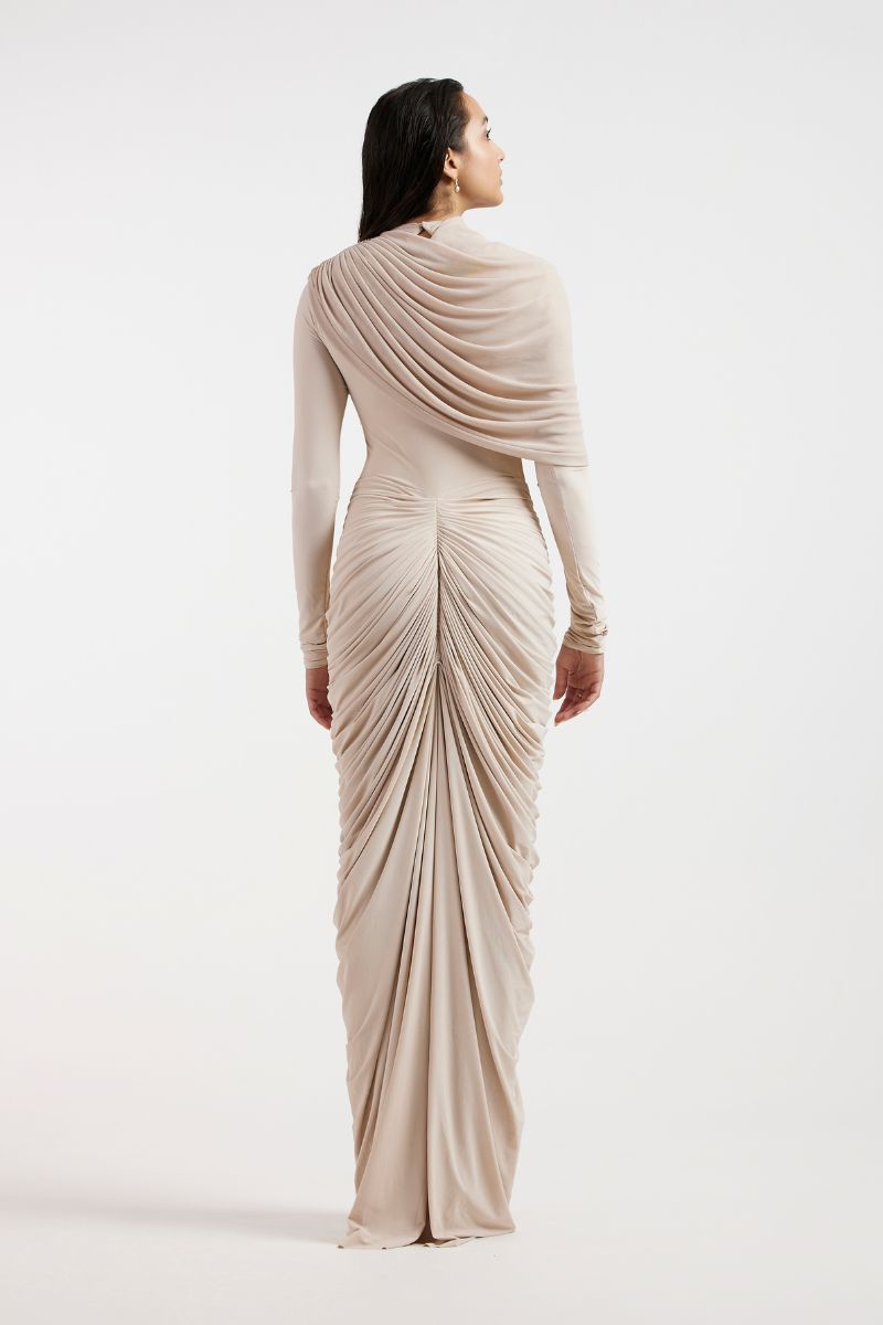 ELORA BEIGE DRAPED GOWN - CULT MIA