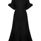 Black draped midi dress by Lalo, showcasing flowing fabric, elegant silhouette, and stylish design perfect for formal occasions.