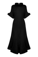 Black draped midi dress by Lalo, showcasing flowing fabric, elegant silhouette, and stylish design perfect for formal occasions.