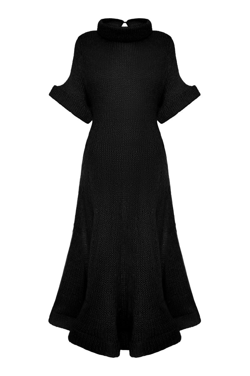 Black draped midi dress by Lalo, showcasing flowing fabric, elegant silhouette, and stylish design perfect for formal occasions.