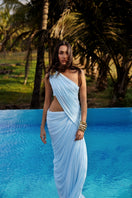 Deme By Gabriella Aurora Blue Maxi Dress featuring flowing fabric and a stylish long length, perfect for elegant occasions.