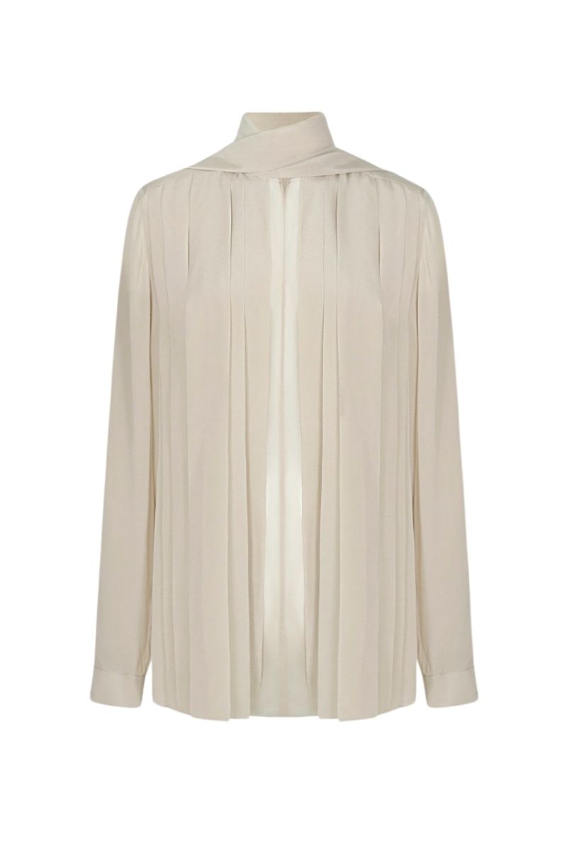 LEKIEU Dawlish Cream Silk Chiffon Shirt displayed on a hanger, showcasing lightweight, flowy fabric and elegant design.