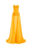 Yellow draped corset gown by CEM featuring elegant fabric and a fitted silhouette, perfect for formal occasions.