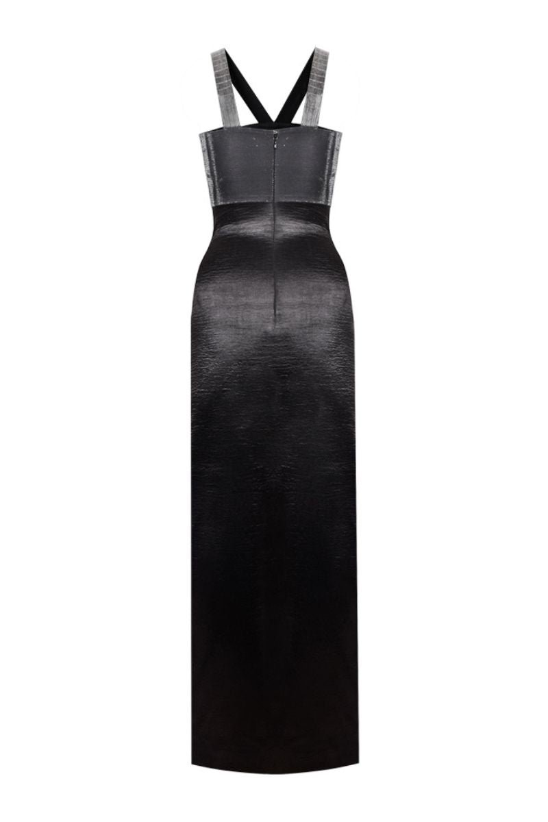 BLACK TEXTURED SATIN SLIT MAXI DRESS - CULT MIA