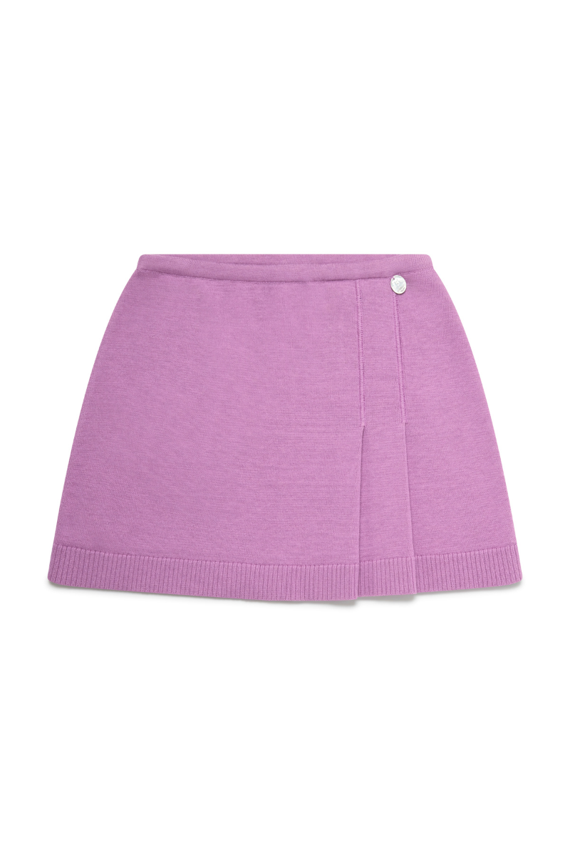 Purple La Granni Centimos mini skirt with a fitted waistband and stylish design, shown on a mannequin.