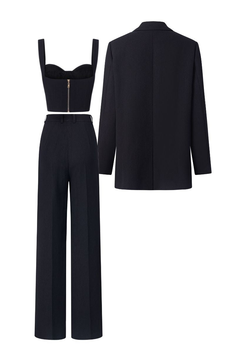 Black Erica texture attached jacket set by 21Six, featuring a coordinated jacket and matching pants with textured fabric.