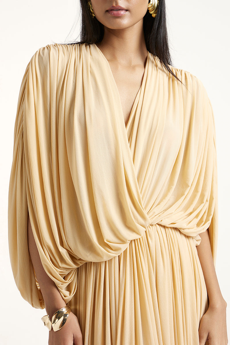 Deme By Gabriella RORI gold maxi dress with flowing fabric and elegant design, perfect for formal occasions.