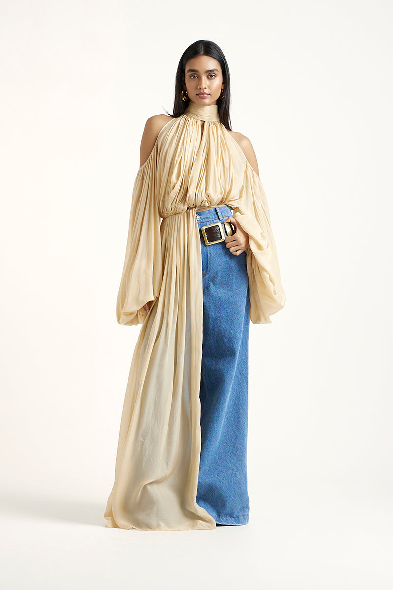 Deme by Gabriella gold and indigo co-ord set featuring a stylish matching top and pants, perfect for fashionable casual wear.