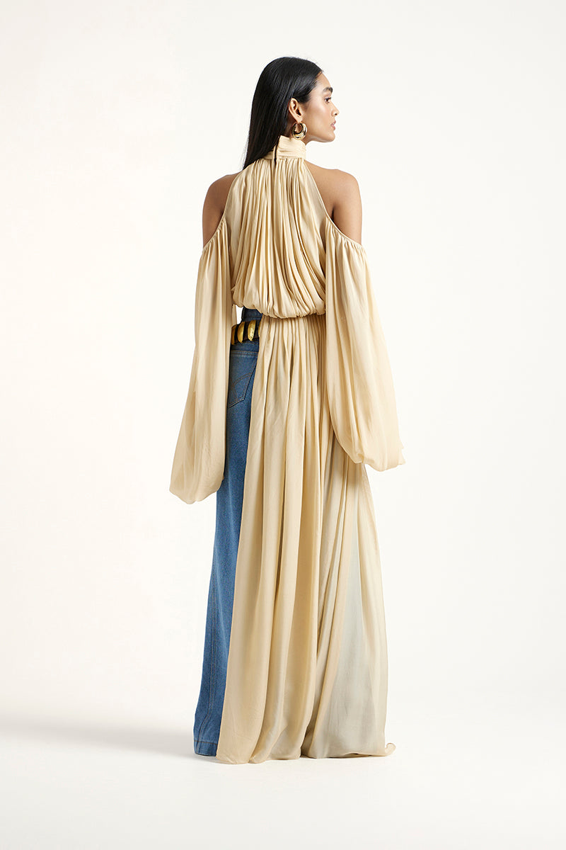 Deme By Gabriella gold and indigo co-ord set featuring matching top and pants with stylish detailing.