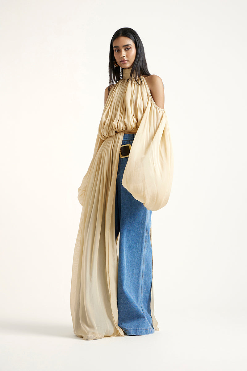 Deme By Gabriella gold and indigo co-ord set featuring a matching top and pants with elegant fabric and stylish design.