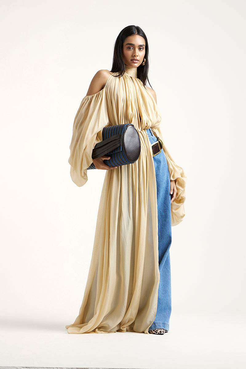 Deme By Gabriella gold and indigo co-ord set with matching top and pants, stylish and coordinated fashion ensemble.
