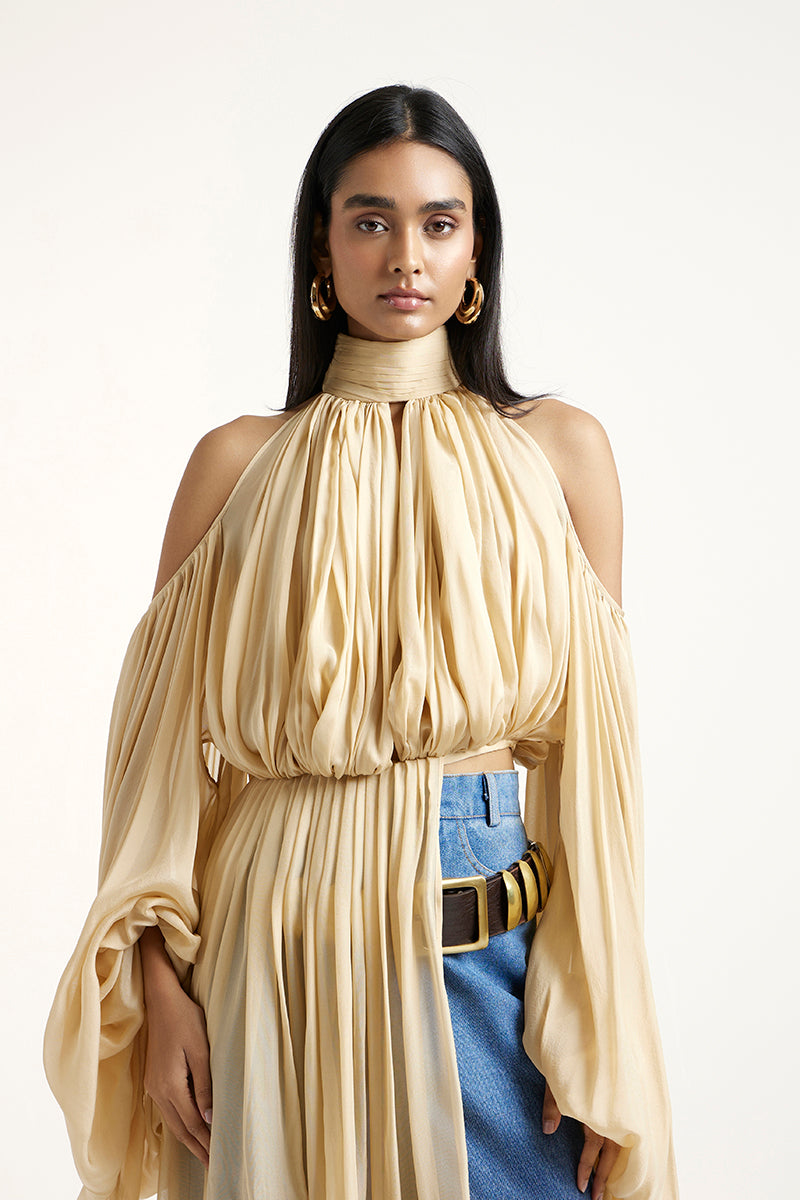Deme By Gabriella gold and indigo co-ord set featuring matching top and pants, stylish and coordinated fashion ensemble.