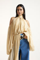 Deme By Gabriella gold and indigo co-ord set featuring stylish matching top and pants, perfect for fashionable daytime wear.