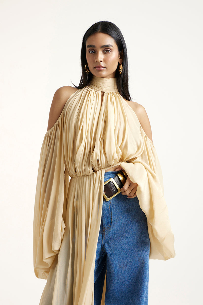 Deme By Gabriella gold and indigo co-ord set featuring stylish matching top and pants, perfect for fashionable daytime wear.