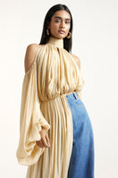 Deme By Gabriella gold and indigo co-ord set featuring matching top and pants with stylish fabric and vibrant color contrast.