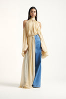 Deme By Gabriella gold and indigo co-ord set with matching top and pants, stylish and coordinated fashion ensemble.