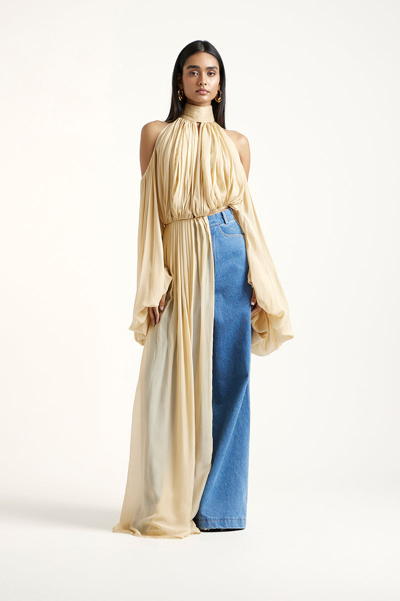 Deme By Gabriella gold and indigo co-ord set with matching top and pants, stylish and coordinated fashion ensemble.