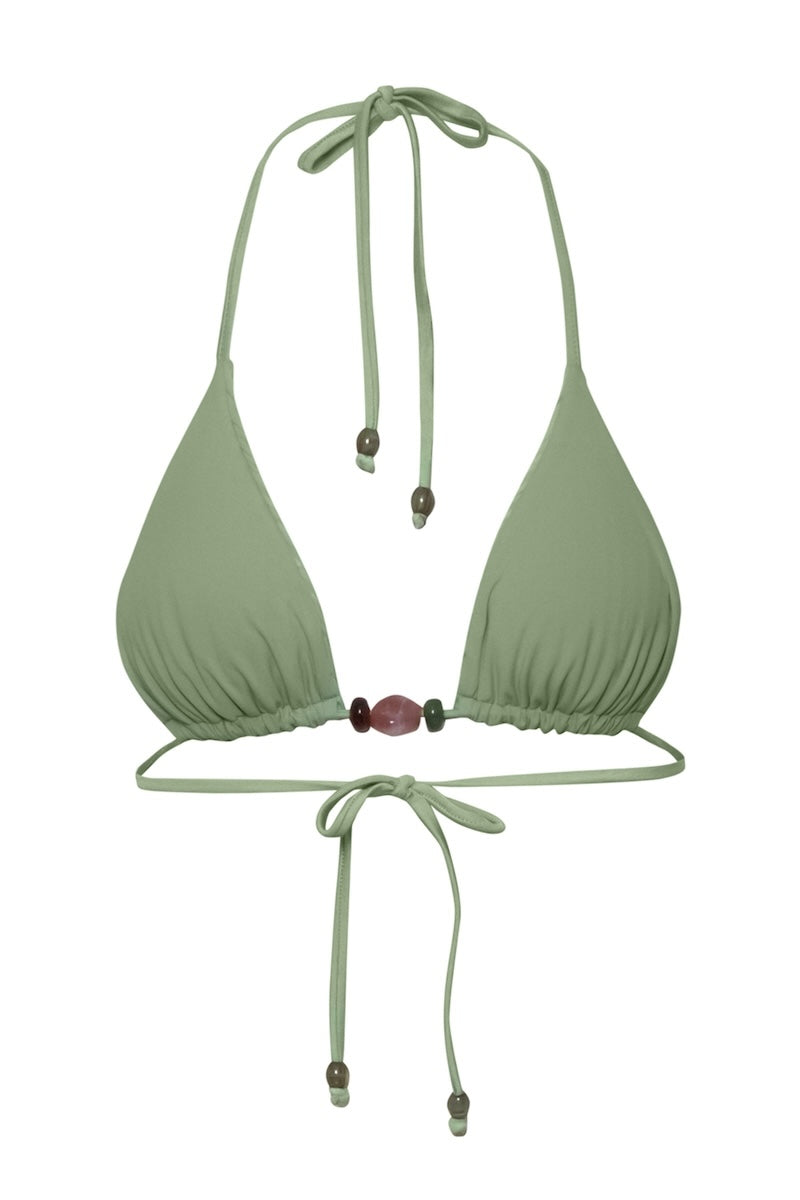 Baobab Kaia bikini top in jade and indigo, featuring a stylish design with adjustable straps and tropical print.