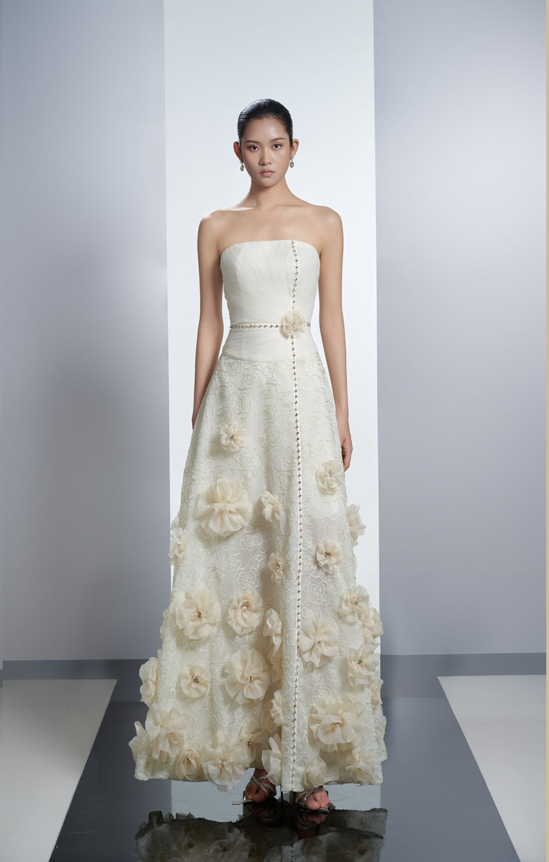 FLORAL A-LINE ORGANZA MAXI DRESS IN WHITE - CULT MIA