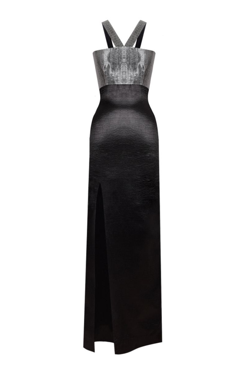 BLACK TEXTURED SATIN SLIT MAXI DRESS - CULT MIA