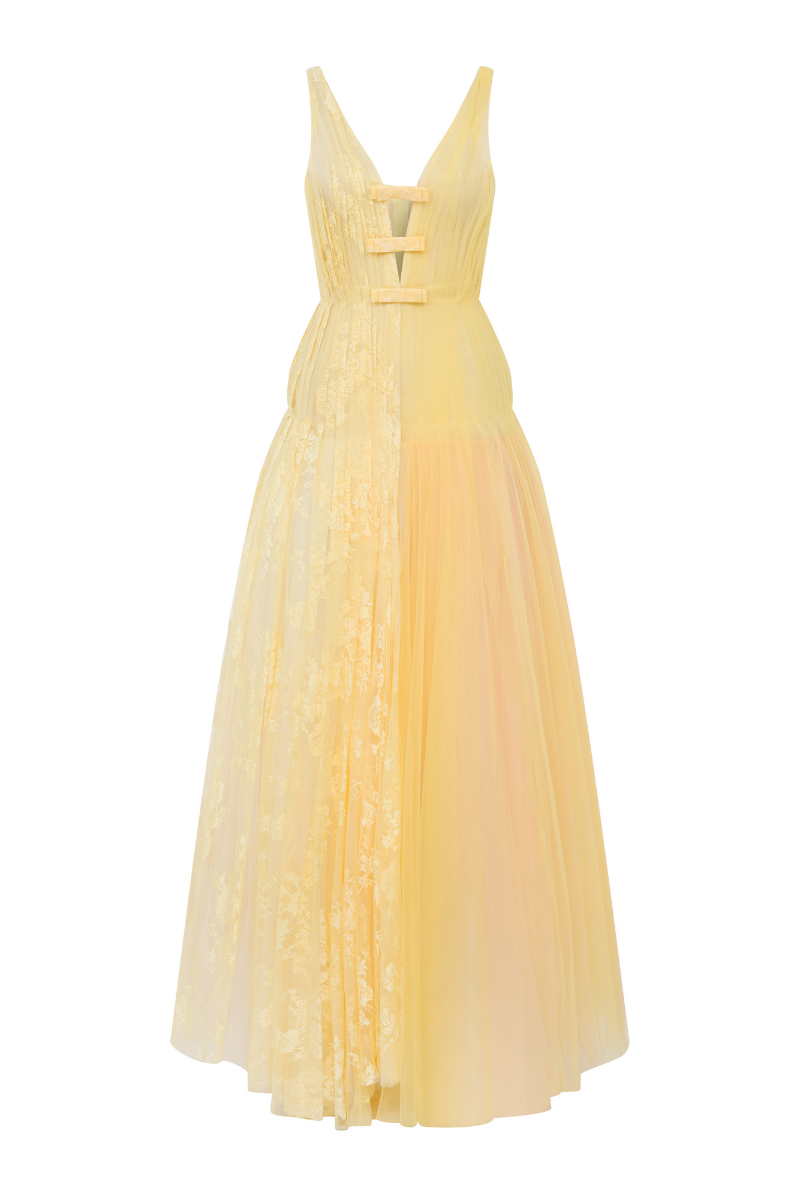DEEP V NECKLINE TULLE AND LACE MIX GOWN - CULT MIA