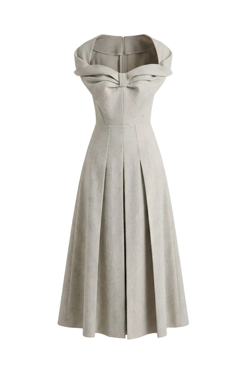 off shoulder pleated midi dress Off-Shoulder Hybrid Pleated Dress