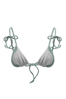 Suncillo Sophia bikini top in sage green and silver gray with adjustable straps and metallic accents, displayed on a model.
