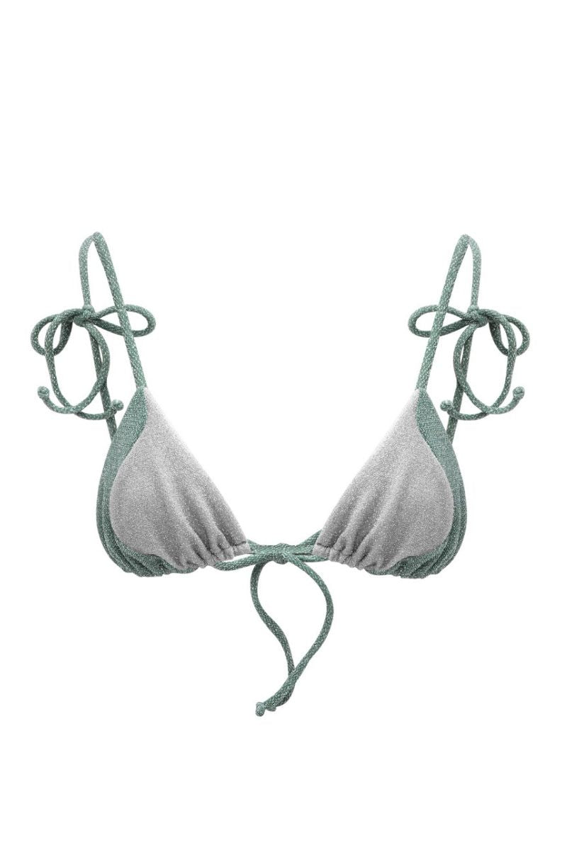 Suncillo Sophia bikini top in sage green and silver gray with adjustable straps and metallic accents, displayed on a model.