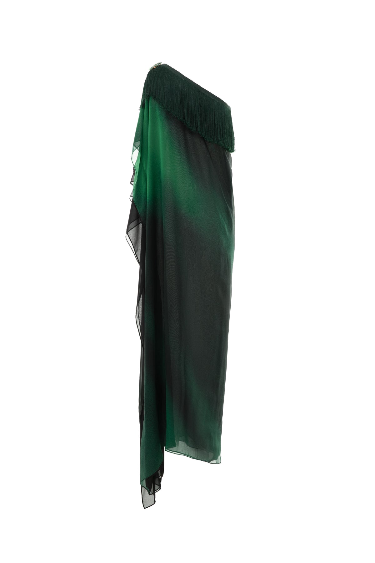 Green Valenciani fringed one-shoulder maxi gown with flowing fabric and elegant drape, perfect for formal occasions.