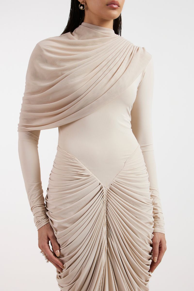 ELORA BEIGE DRAPED GOWN - CULT MIA