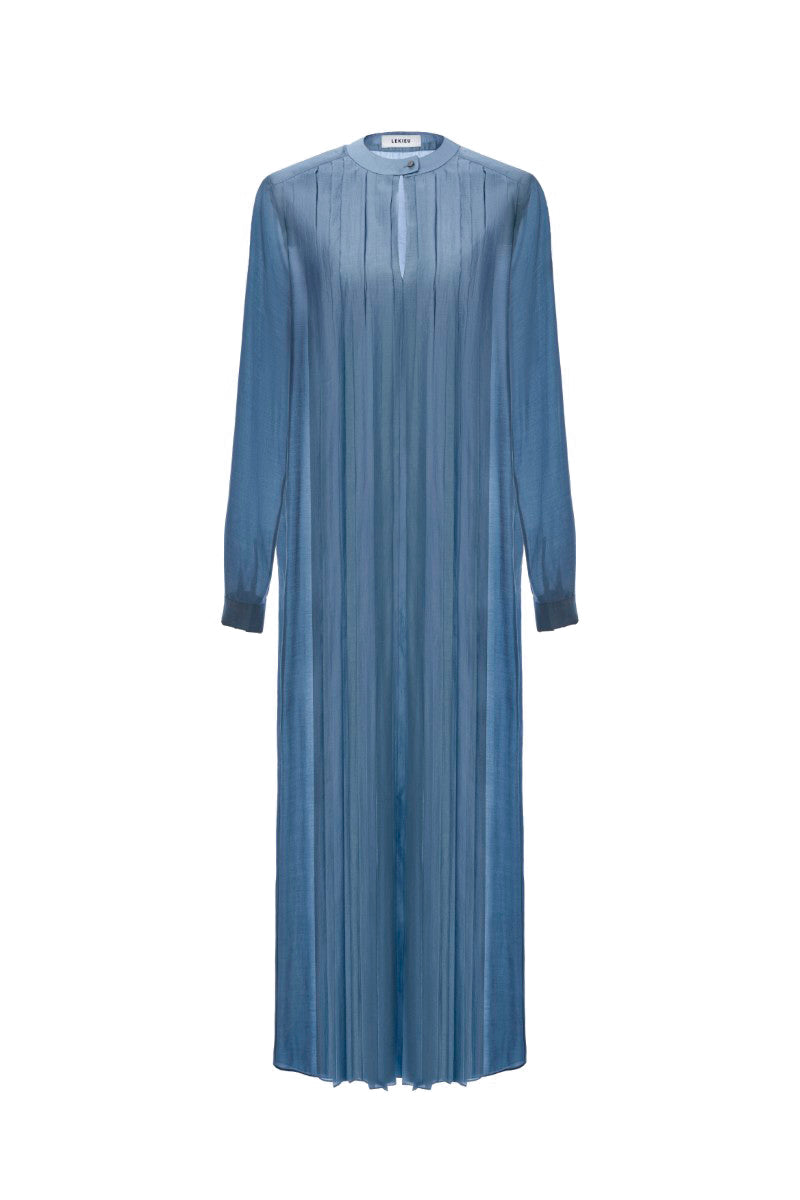 Blue Dortmund midi dress by Lekieu, featuring a stylish, flowy fabric and elegant design, shown on a model.