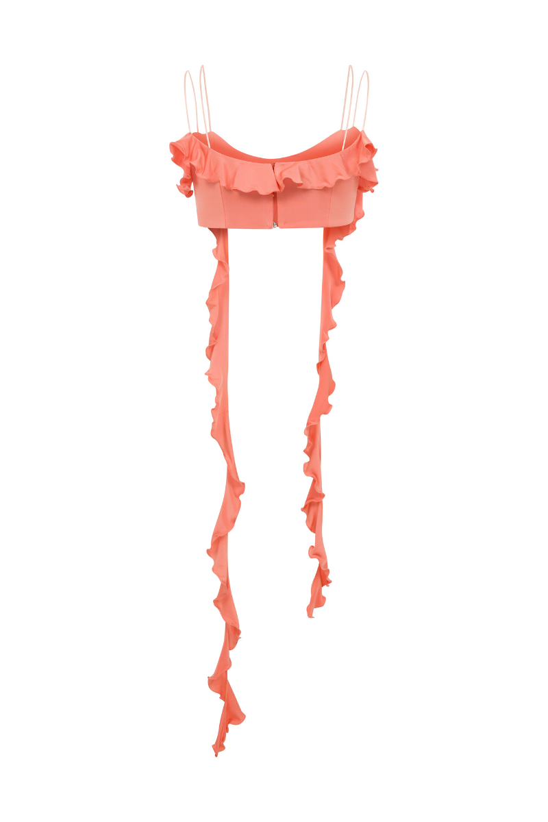 Sudi Etuz peach orange ruffled crop top jersey with short sleeves and a fitted design.