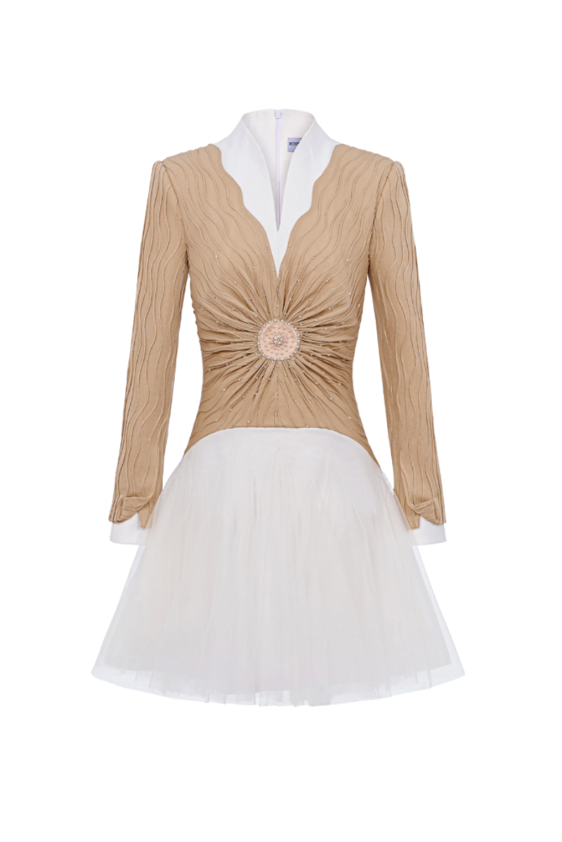 OVERLAYED SLEEVE MINI DRESS IN BEIGE