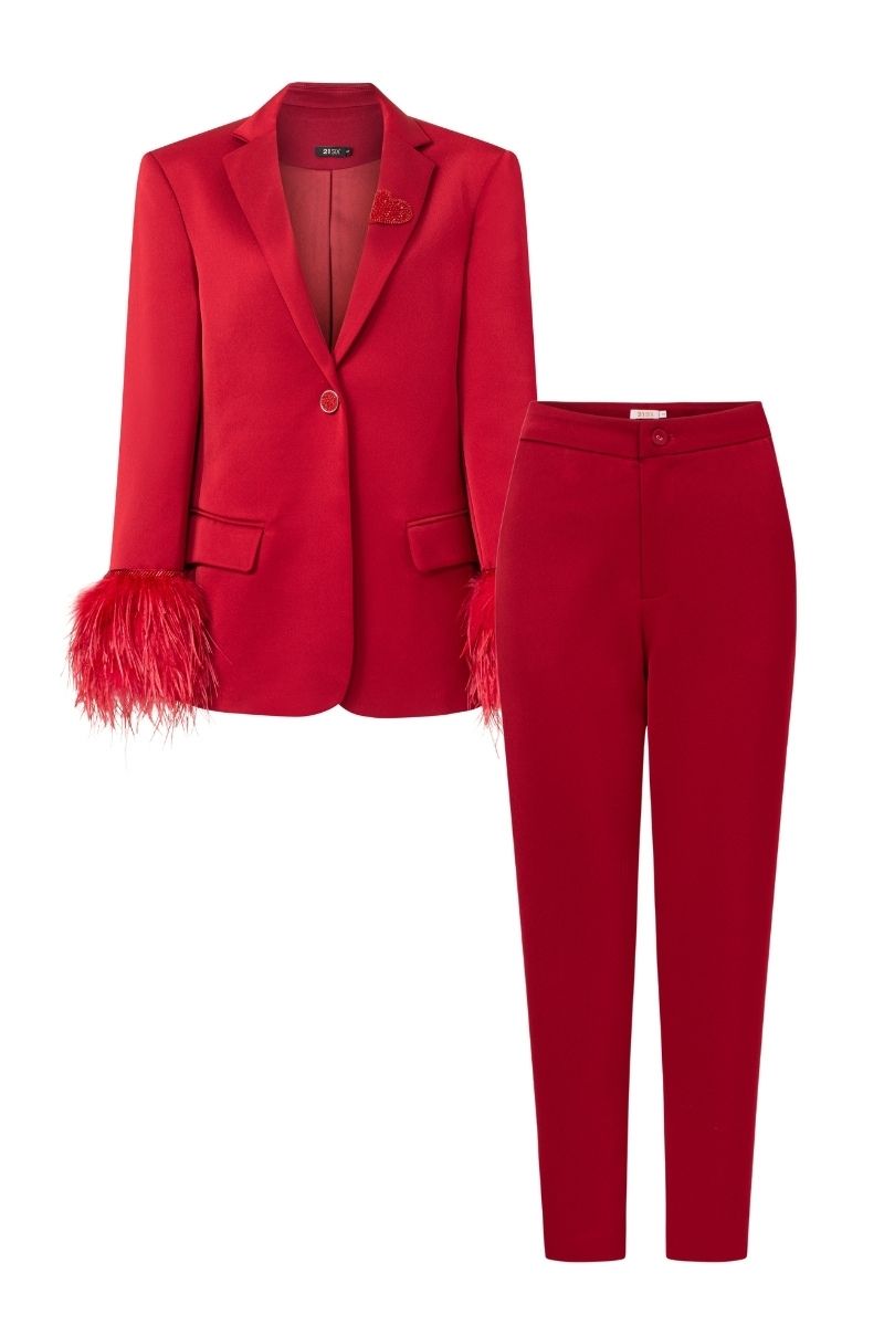 RED KELLY TAFFETA FEATHER SUIT JACKET AND PANTS SET - CULT MIA