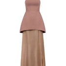 Brown strapless gown with a flowing cape by HACCHIC COUTURE, shown on a model with elegant styling.
