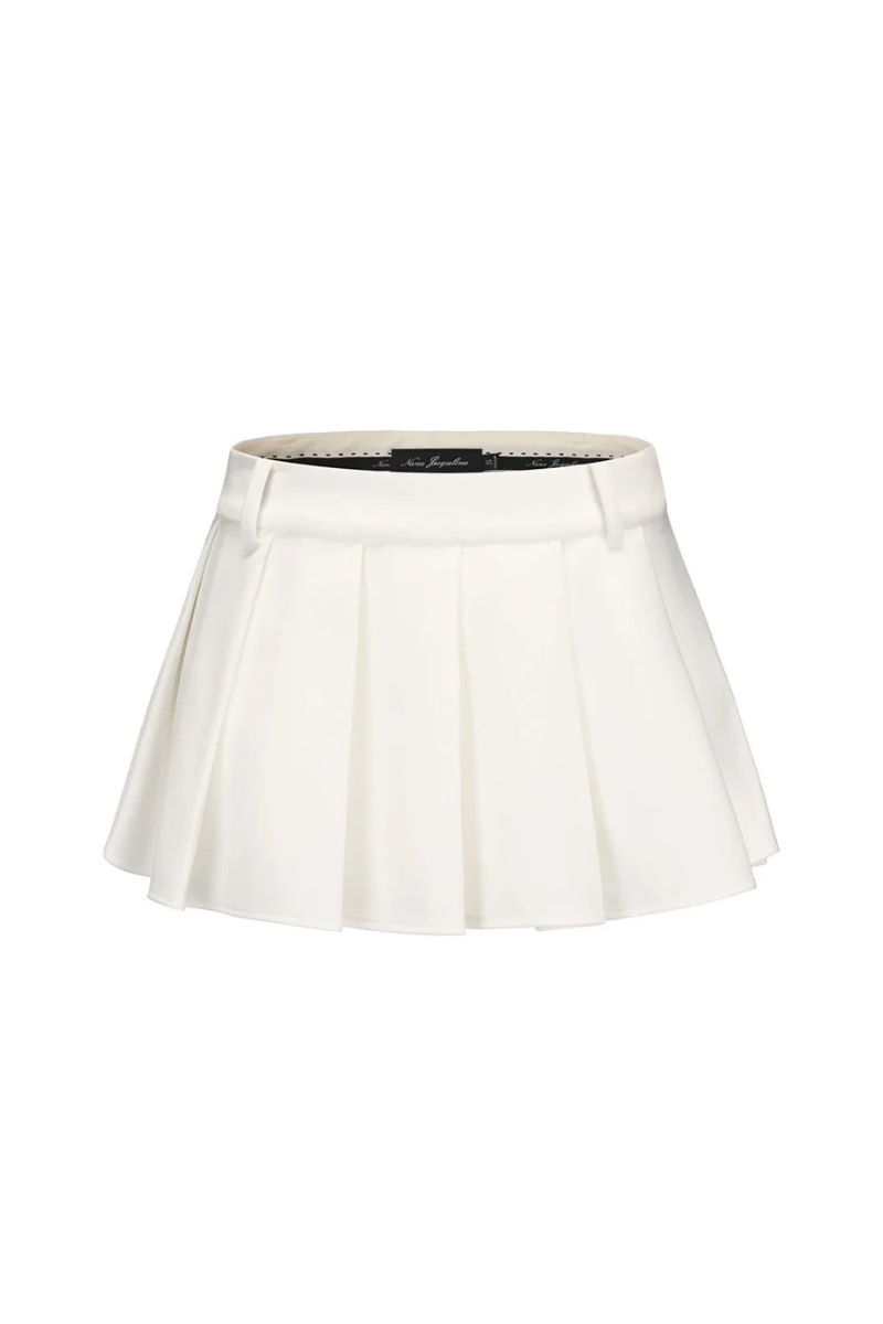 White Amber mini skirt by Nana Jacqueline, showcasing a stylish, fitted design with a smooth fabric finish.