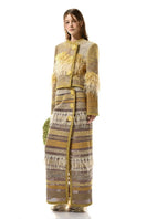 Lalo Avril gold jacket with stylish design, featuring a metallic finish and fitted silhouette, displayed on a mannequin.