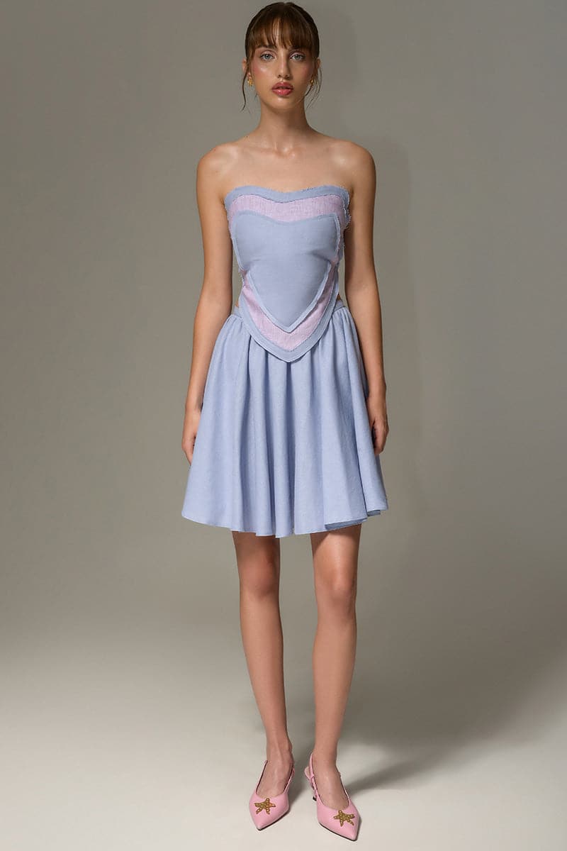Liya sky blue and lilac sweetheart double top with ruffled details and adjustable straps, stylish and feminine for casual wear.