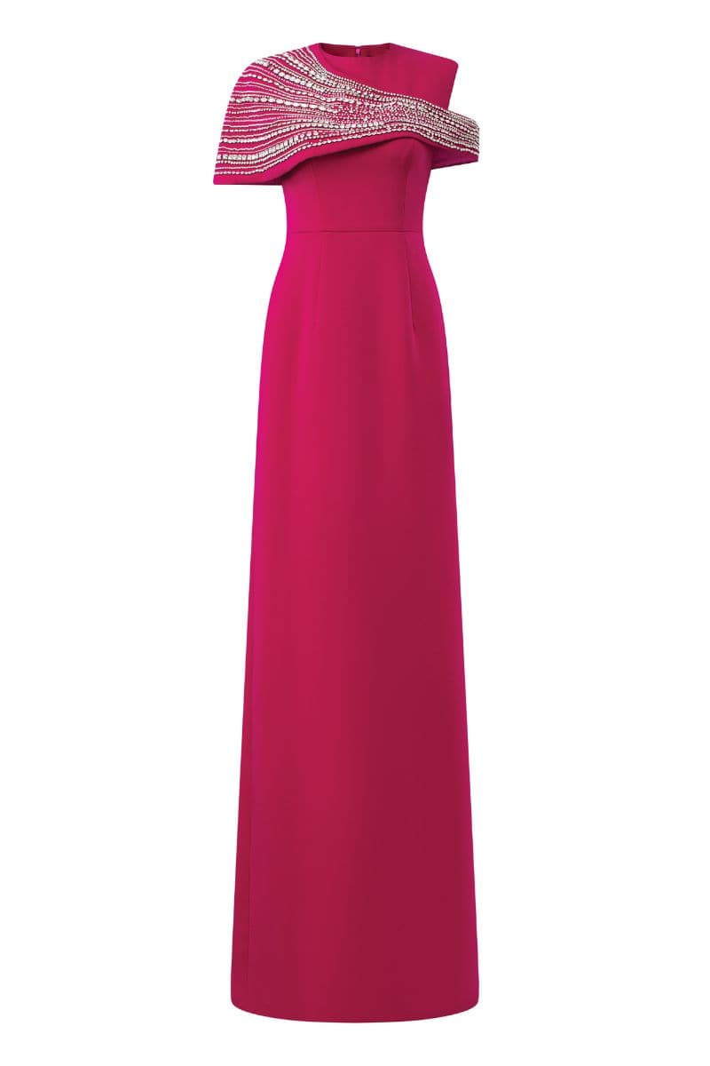 STONE EMBELLISHED ASYMMETRIC CAPE GOWN - CULT MIA