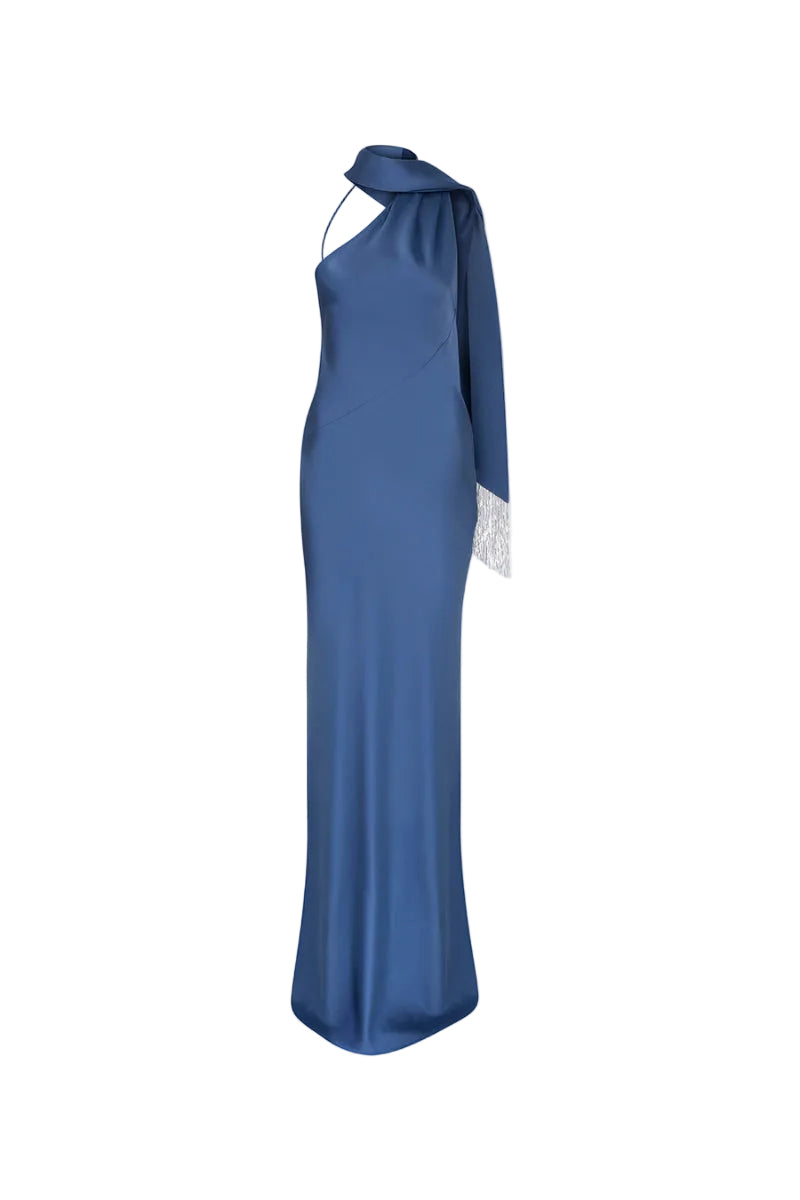 BRICE ONE SHOULDER SATIN MAXI DRESS IN BLUE