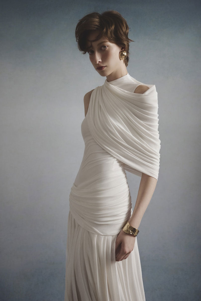 White Plan Lumière draped midi dress featuring elegant fabric and a flowing silhouette, perfect for stylish occasions.