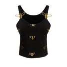 Black Onalaja Bee Tank top shown on a hanger, featuring a sleeveless design and simple, stylish cut.