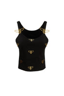 Black Onalaja Bee Tank top shown on a hanger, featuring a sleeveless design and simple, stylish cut.