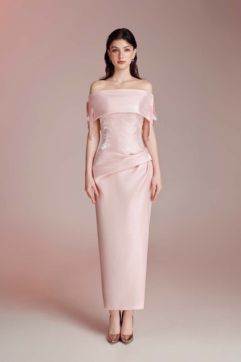 elegant pink midi dress Sleeveless Pink Midi Wedding Guest Dress with Roses Soft Blush / Small