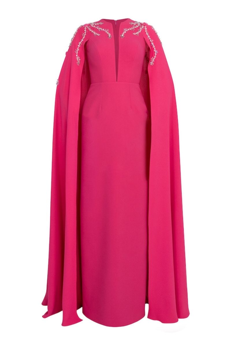 FUCHSIA STRAIGHT CUT WITH CAPE LONG DRESS - CULT MIA