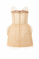 Beige Sabrina lace and tulle mini dress by 21Six, featuring intricate lace details and a flowing tulle skirt.